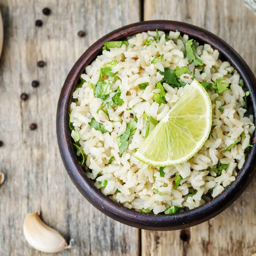 cilantro lime garlic brown rice. the toning. selective focus